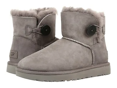 Women's Shoes UGG MINI BAILEY BUTTON II Suede & Sheepskin Boots 1016422 GREY • $99