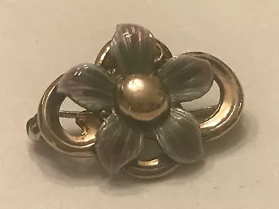 Vintage ENAMEL GUILLOCHE Decorated STERLING SILVER 14KT GF Flower Pin Symmetalic • $39