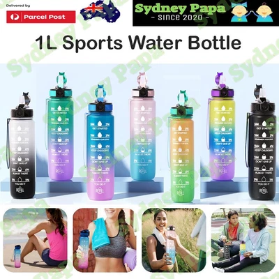 $14.98 • Buy 1L Sports Water Bottle Large Capacity Straw Time Motivational Fitness Jugs Gym