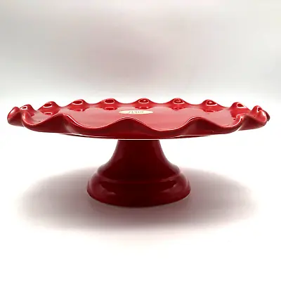 RED Scalloped Edge Pedestal Cake Plate Stand Maioliche Jessica Italy LG 11  NEW • $34.95