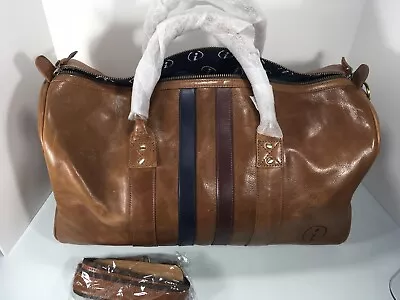 FH WADSWORTH Leather Duffle Bag Info Icon Logo Vtg Promo Brown Stripe New Travel • $295