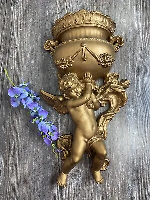 Vtg 15  ANGEL CHERUB 1975 Victorian Gold-Tone Wall Pocket HOLLYWOOD REGENCY • $38.88