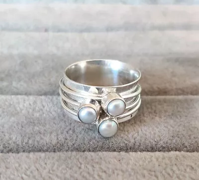 Spinner Pearl Stone Ring Handmade 925 Silver Handmade Dainty Ring All Size MK793 • $11.89