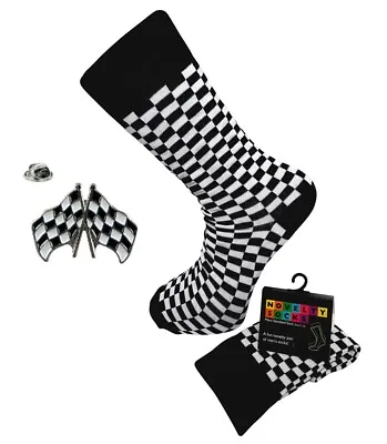 Racing B&W Chequer Flag Socks Cotton Pair. And/Or A  Lapel Pin Badge 10-41 SK13 • £3.99