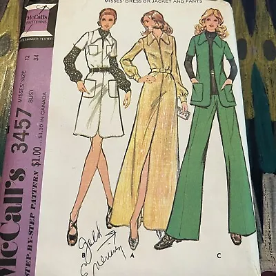 Vintage 1970s McCalls 3457 Dress Or Jacket Pants Sewing Pattern 12 Bust 34 UNCUT • $6