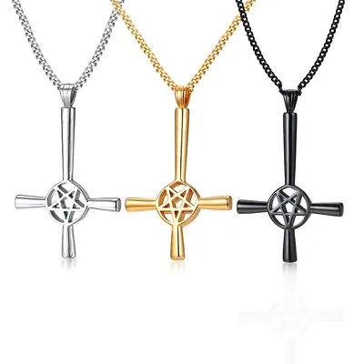 Inverted Cross Pentagram Star Pendant Men Necklace Chain Satanic Choker Jewelry • £6.58