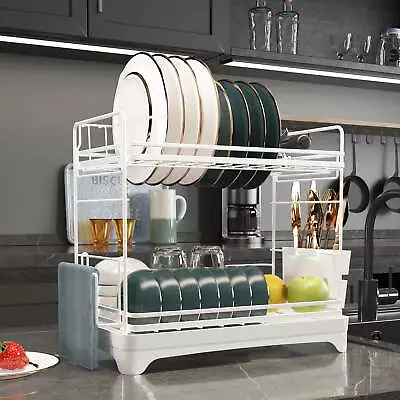 Dish Drying Rack 2-Tier Dish Drying Rack With Water Tray Utensil Holder • $25.40