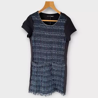 Trend Miss Captain Dress Size 38 Fit 10 Shift Boucle Stretch Black Teal Blue • £8.99