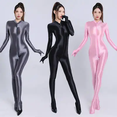 Women's Shiny Satin Glossy Catsuit Zipper Crotch Bodysuit Gloves Footed Jumpsuit • £26.39