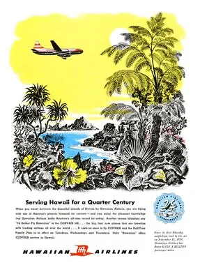 1949 Hawaiian Airlines Plane Tropical Art Vtg Travel Ad NEW Poster 18x24 • $19.55