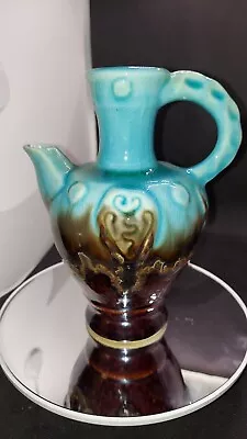 Vintage Majolica Style Textured Art Pottery Pitcher Turquoise Brown MCM Boho • $19.90