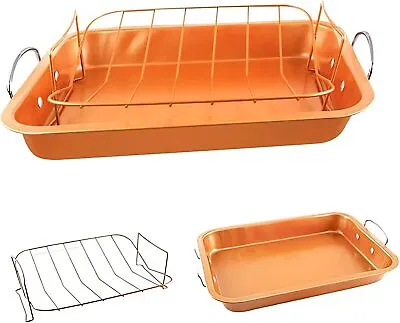 £10.99 • Buy Roasting Tray Pan & Rack Grill Non Stick Copper Steel Baking Roaster Oven Dish