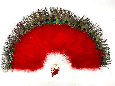 RED Marabou Feather Fan W/ One Sided PEACOCK 30  X 15  Halloween Costume Dance • $24.29