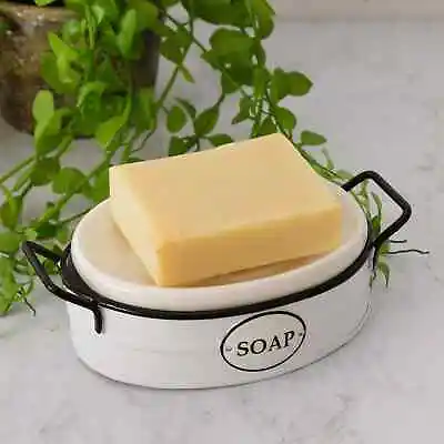 French Country White VINTAGE SOAP DISH Farmhouse Black Metal Holder NEW Ceramic • $19.90