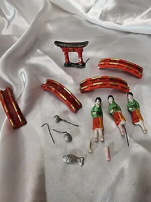Japanese Metal Miniature Figurine Set For Bonsai Garden Antique Porcelain Bridge • $28