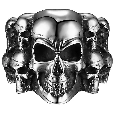 Men Gothic Multi Skull Skeleton Ring Biker Rocker Big Stainless Steel Band #7-13 • $13.99