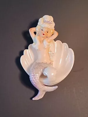 Vintage Ceramic Wall Plaque MERMAID On Sea Shell / Wave ~ LEFTON JAPAN Purple • $110