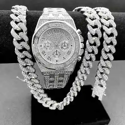 Luxury Lab Diamond Watch & Iced Cuban Chain Necklace & Hip Hop Bracelet Gift Set • $13.99