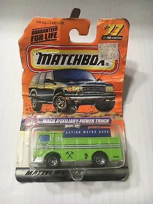 1999 Matchbox #77 Fire Rescue Mack Auxiliary-Power Truck Green Blue Action Metro • $15