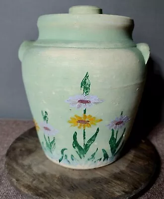 Circa 1930's VTG Ransburg Flat Mint Green Large Hand Painted Flowers Cookie Jar • $56