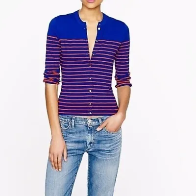 J.Crew Sweater M Blue & Orange Striped Fitted Button-Up Knit Jackie Cardigan • $34.99