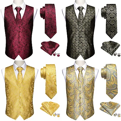 Mens Waistcoat Paisley Floral Silk Jacquard Vintage Vest Suit Tie Set Wedding • £8.99