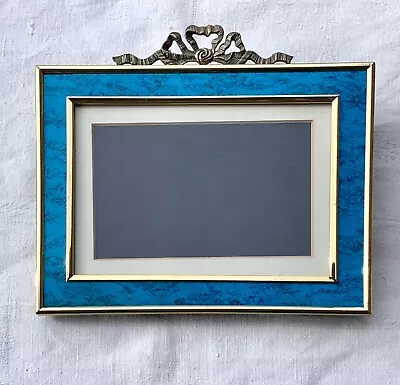 Burnes Of Boston Turquoise Blue Marbled Picture Frame Empire Style W/Bow 5.5x3.5 • $12