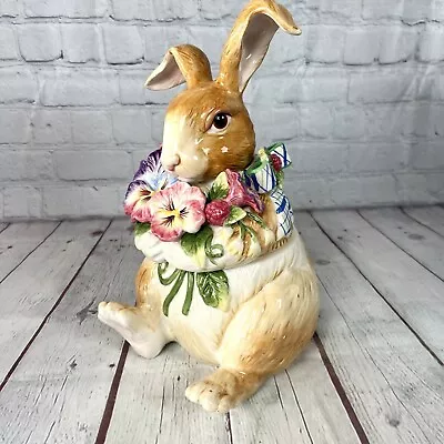 Fitz And Floyd HALCYON Cookie Jar Easter Bunny Rabbit Pansy Figure #63-409 • $99.95