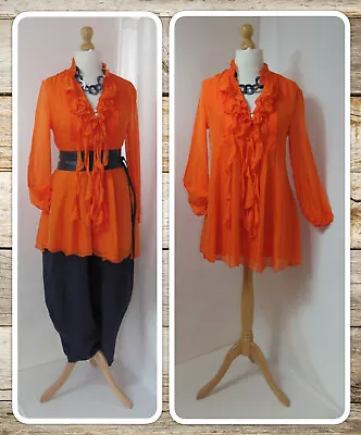 Bnwt Quirky Lagenlook Orange Silk-blend Frill/ruffle Tunic Blouse Osfa • £32.99