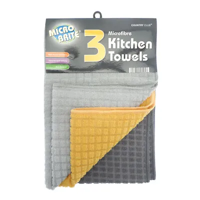 Microbrite Set Of 3 Tea Towels Grey And Yellow Microfibre Absorbent Kitchen • £7.80