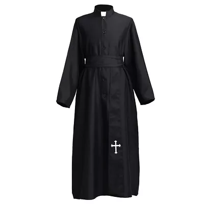 Men's Black Cassock Robe With Tab Collar & Belt Holy Priest Costume For Adult • $33.49