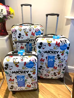 3 X BNWT Disney Mickey Mouse & Friends Large + Medium + Small Hard Suitcases • £199.95