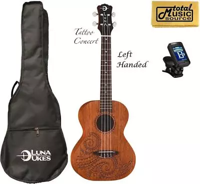 Luna Mahogany Tattoo Concert Ukulele LEFTY W/Tuner & CP UKE TC MAH L PACK • $119.99