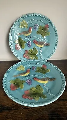 Antique Majolica Pottery Plates Zell Germany Birds And Grapes Set Of 2 • $55