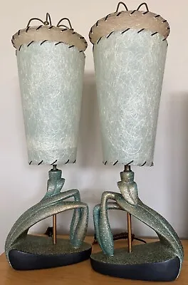 PAIR Vintage MCM Biomorphic Plaster Lamps Fiberglass Shades Atomic Mid Century • $895