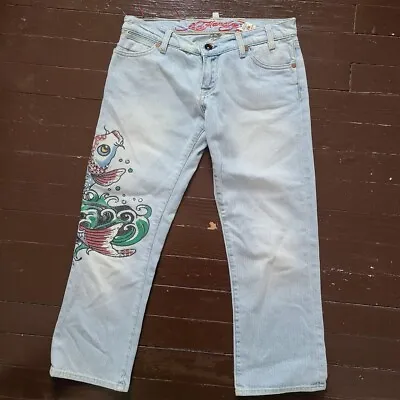 Vintage Ed Hardy Jeans Jeweled Koi Fish Size 26 • $42.25