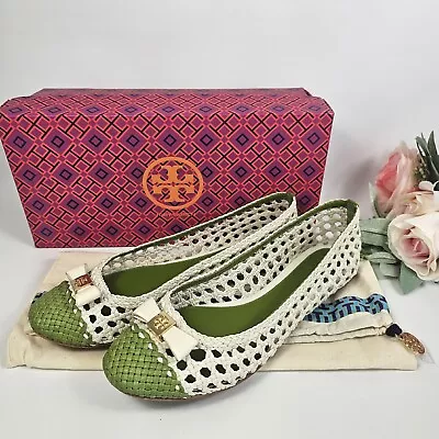 Tory Burch Size 8M Women’s Ivory Leaf Green Carlyle Woven Leather Flats Madras • $81.56
