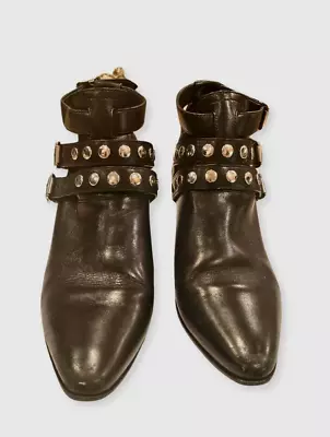 Saint Laurent Black Leather Studded Buckled Ankle Boot Size EU 38.5-US 7.5 • $99