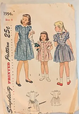 Vintage Simplicity Printed Sewing Pattern 1946 Girls Dresses 2 Styles Size 6 • $14.95