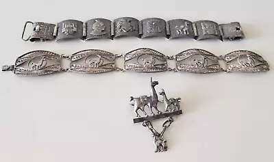 Vintage Silver Tone Llama Filigree Panel Bracelet Pin Set Aztec Maya Boho Patina • $19.99