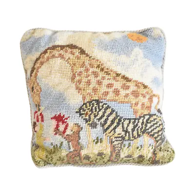 Katha Diddel Wool Needlepoint Animals Pillow With Giraffe Zebra And Monkey • $55