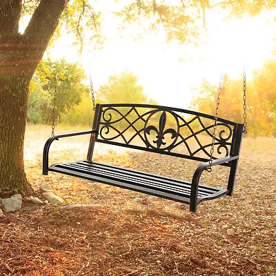 Outsunny Outdoor Steel Fleur-De-Lis Porch Swing Garden Hanging Bench Black • $139.99