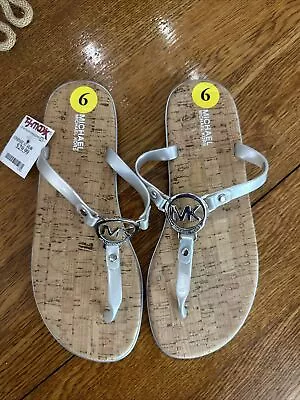 Michael Kors Flip Flops Sandals Silver Charm Cork Jelly PVC Womens 9M Cute! NWT! • $30