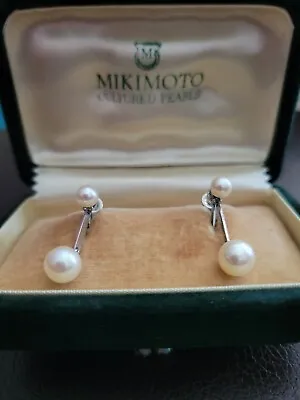 Vintage MIKIMOTO Cultured Pearls Sterling Silver Screw Back Dangle Drop Earrings • $199.99