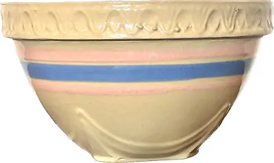 McCoy Pottery Yellow Ware Pink Blue Stripe Bowl 9inch Pie Crust Rim USA VINTAGE • $39.96
