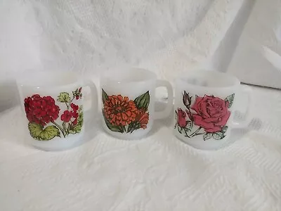 Lot 3 Vtg Glasbake Milk Glass Language Flowers Coffee Mugs Geranium Zinnia Roses • $38.88