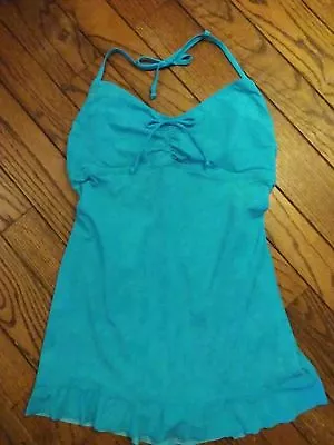 Mainstream  Swim Dress 12 Aqua Low Back Ruffle Hem V Neck Swimsuit NWT • $23.99