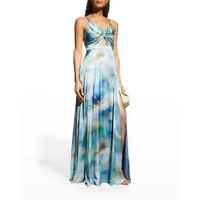 Aidan By Aidan Mattox Cutout Front-Twist Gown In Watercolor Blue 8 Womens Maxi D • $107.98