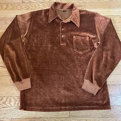 Vintage Campus Velour Shirt Mens Large Brown 80s Long Sleeve Pocket Polo • $42