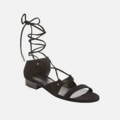 Thomas Wylde Coil Suede Sandal Size 7 Flat Ankle Wrap Strappy Sandal Black • $55.99